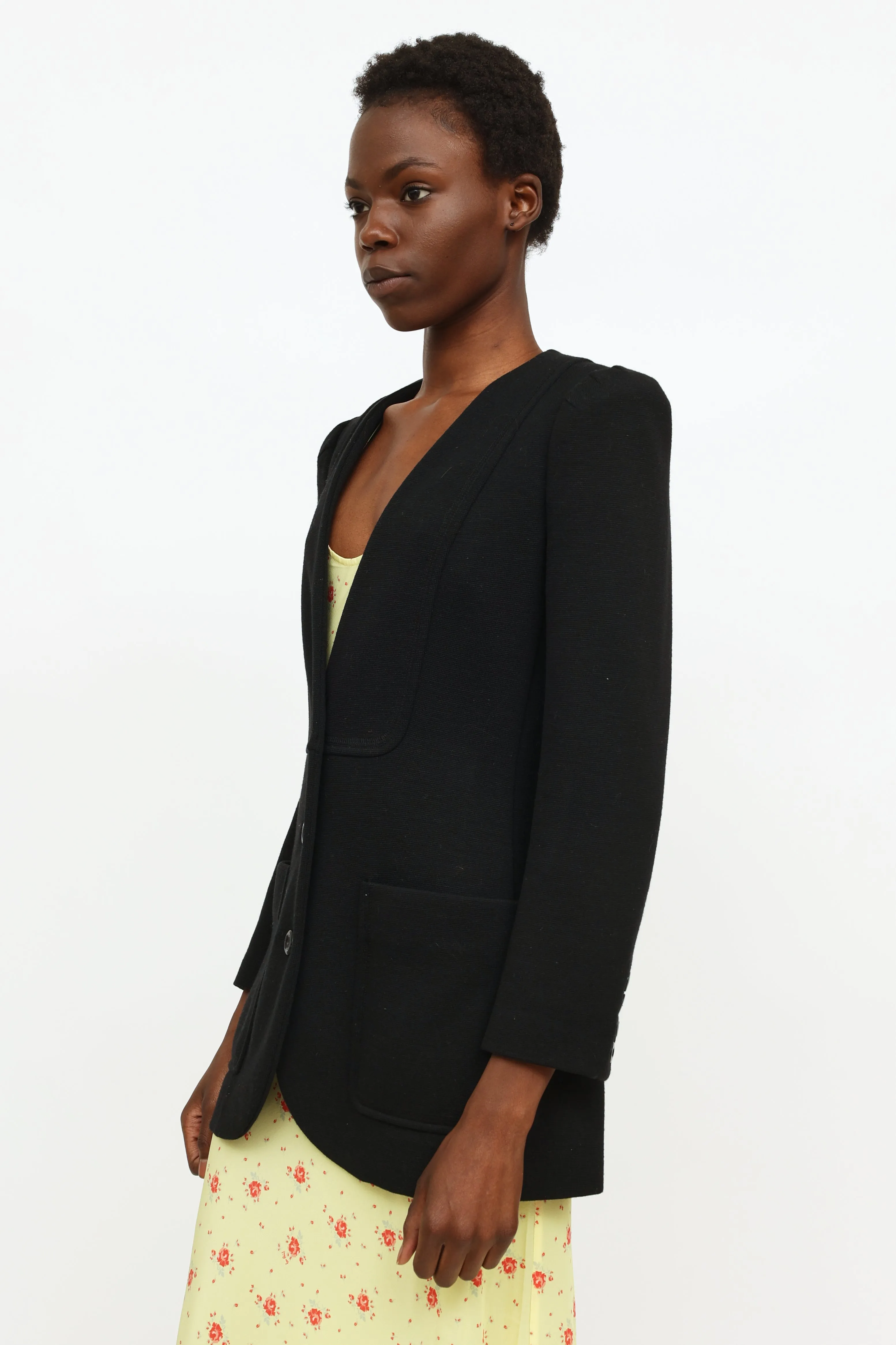 Black Knit Padded Shoulder Blazer
