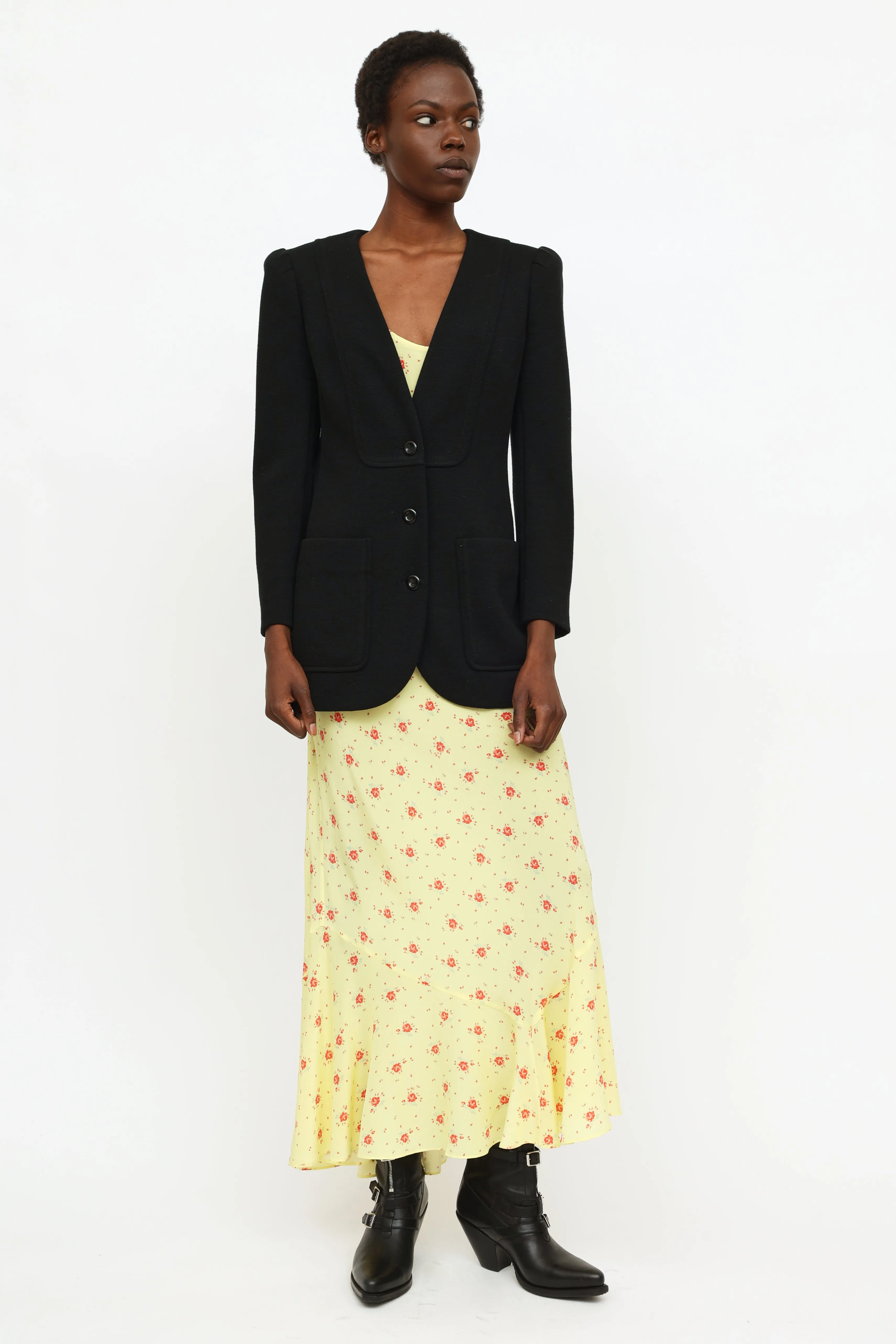 Black Knit Padded Shoulder Blazer
