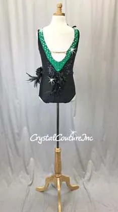 Black Leotard w/Green Accent Trim - Swarovski Rhinestones