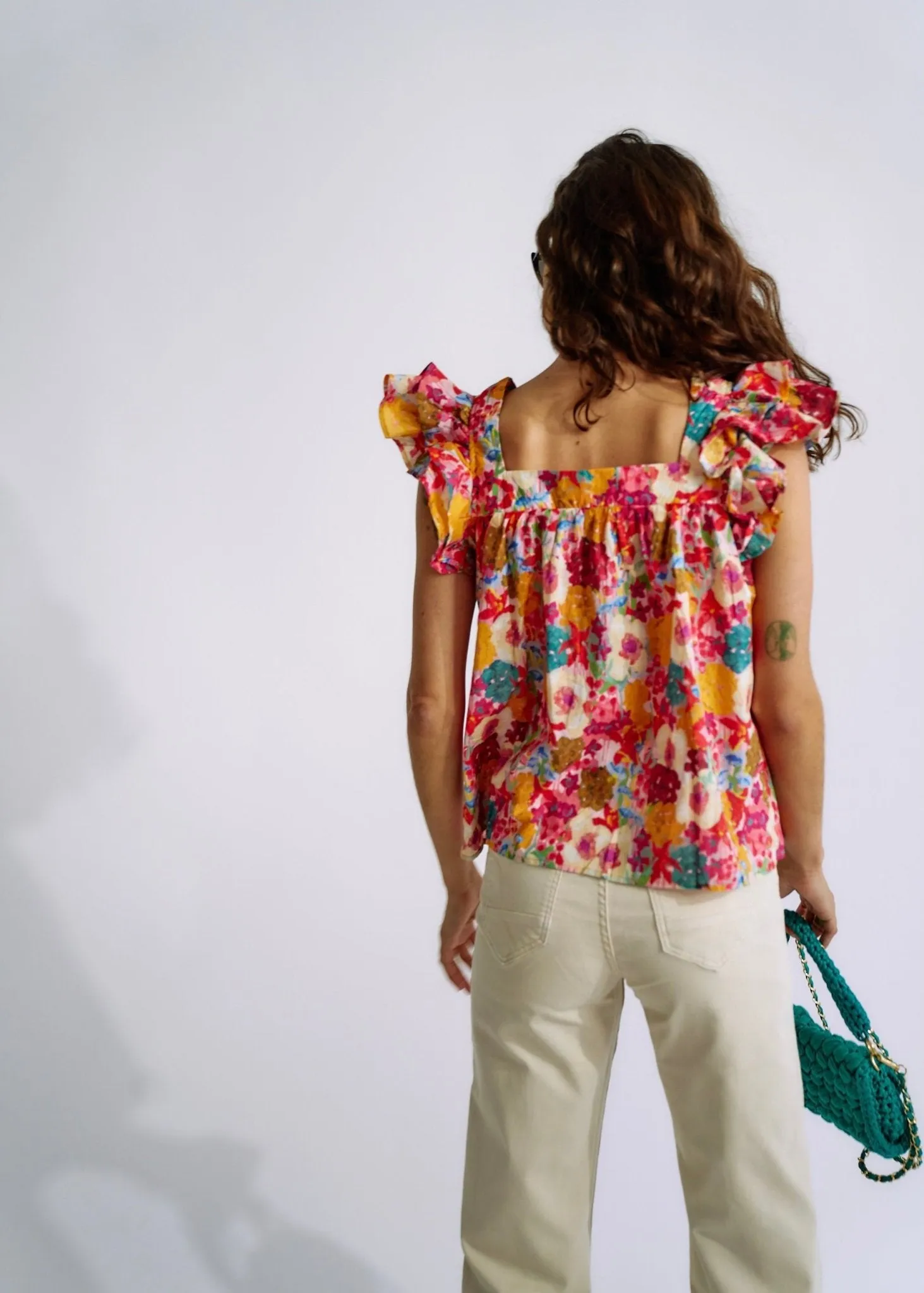 Cotton Frill Sleeved Blouse in Bright Summer Floral