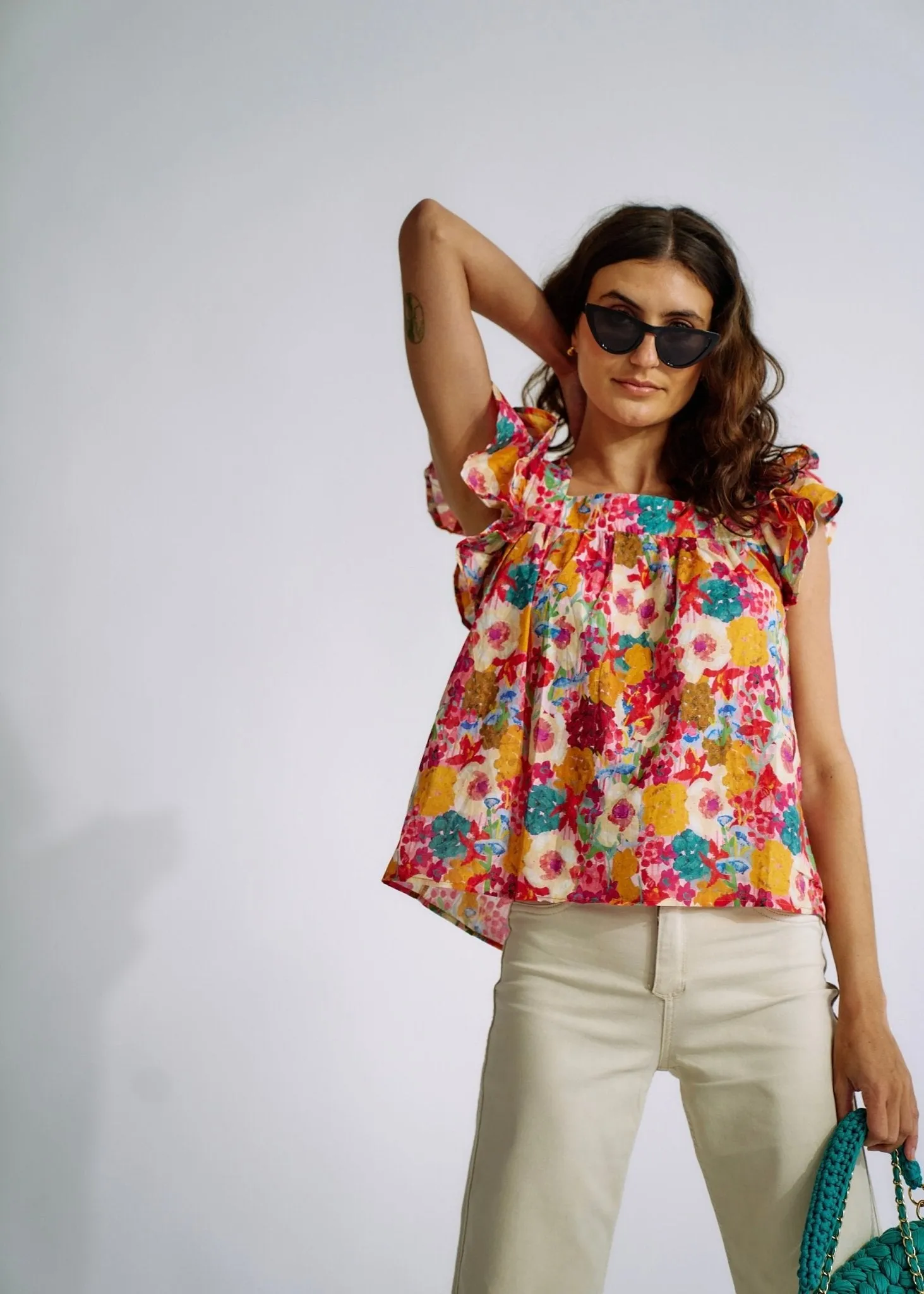 Cotton Frill Sleeved Blouse in Bright Summer Floral