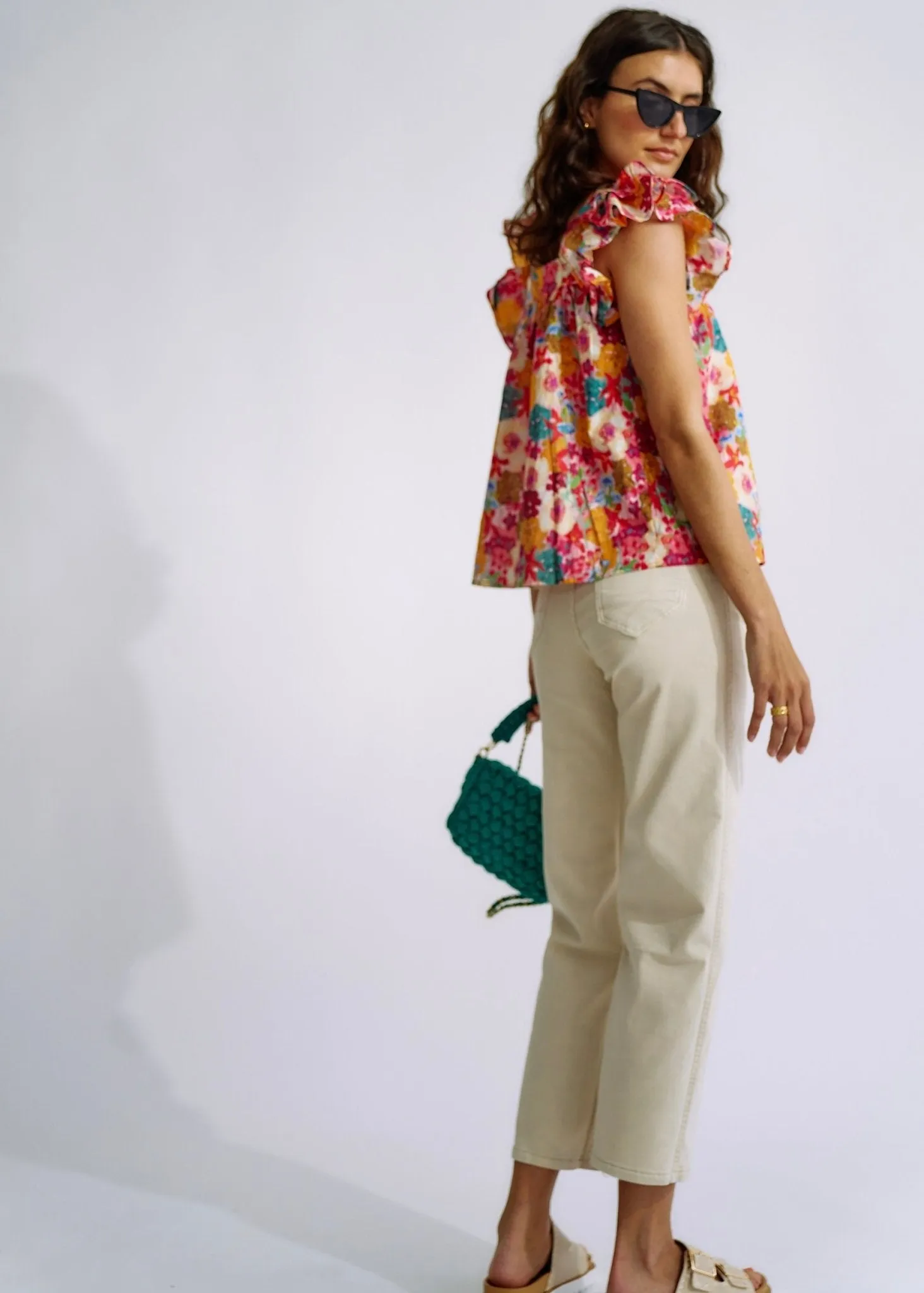 Cotton Frill Sleeved Blouse in Bright Summer Floral