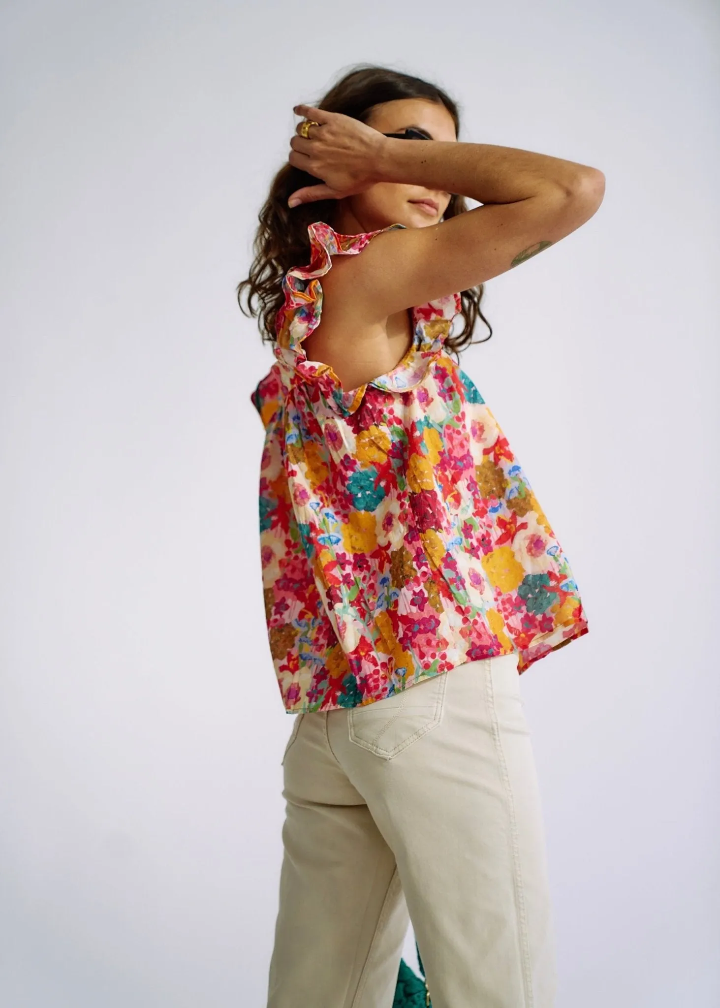 Cotton Frill Sleeved Blouse in Bright Summer Floral