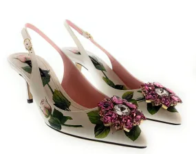 Dolce & Gabbana Fancy Flower White/Pink Watercolor Floral Kitten Slingbacks-EU36