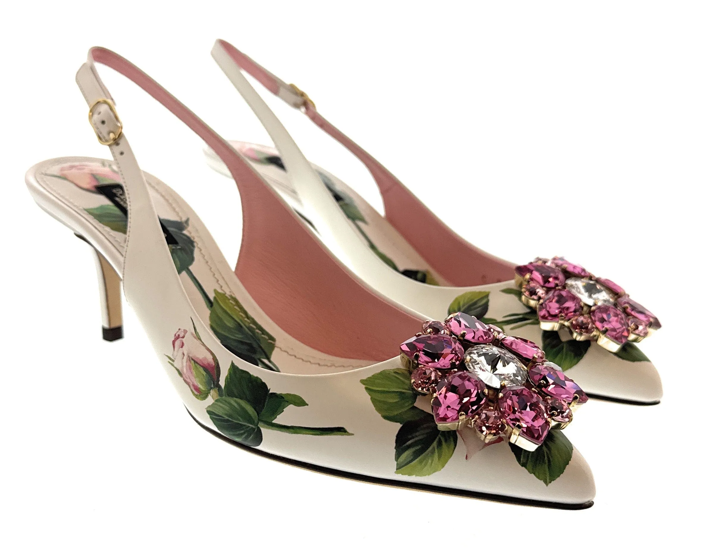 Dolce & Gabbana Fancy Flower White/Pink Watercolor Floral Kitten Slingbacks-EU36