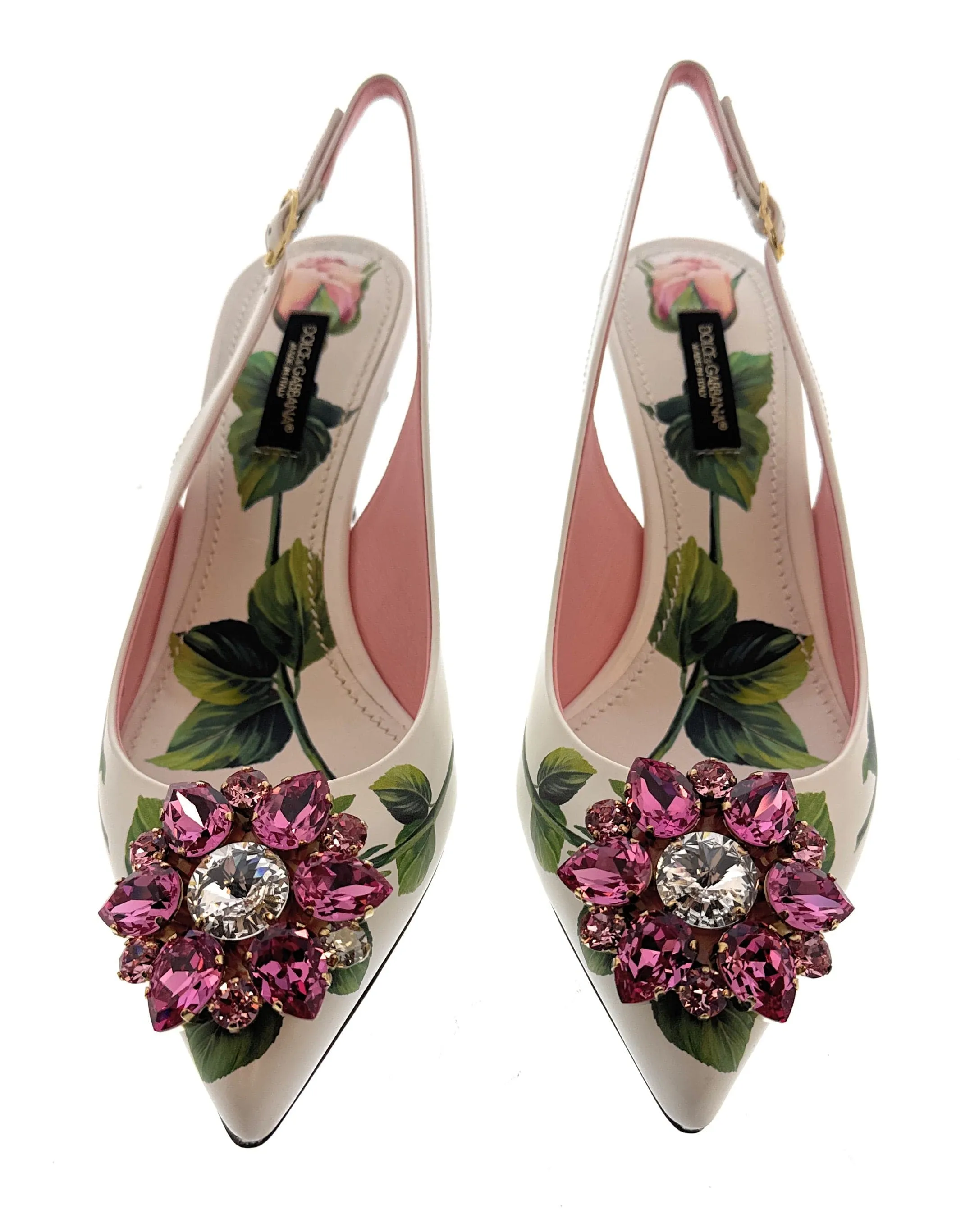 Dolce & Gabbana Fancy Flower White/Pink Watercolor Floral Kitten Slingbacks-EU36