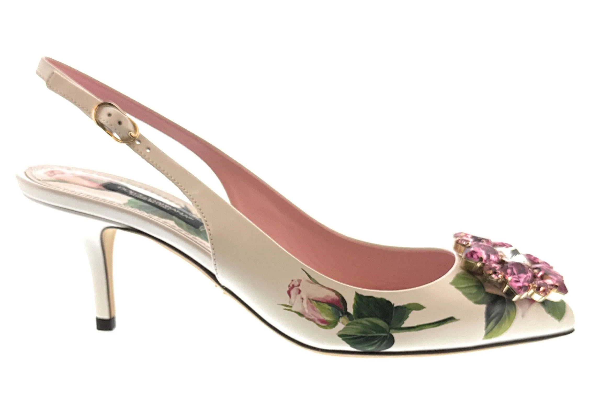 Dolce & Gabbana Fancy Flower White/Pink Watercolor Floral Kitten Slingbacks-EU36