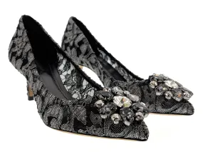 Dolce & Gabbana Pewter Floral Lace  Kitten Heels-EU36