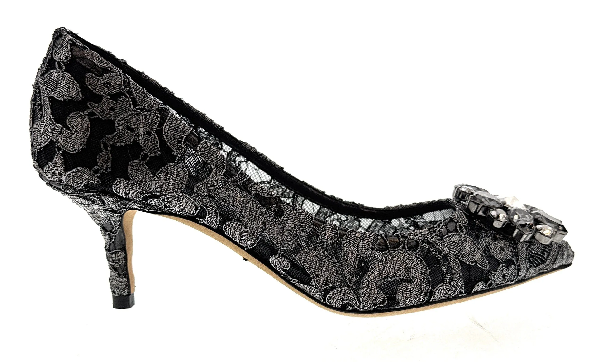 Dolce & Gabbana Pewter Floral Lace  Kitten Heels-EU36