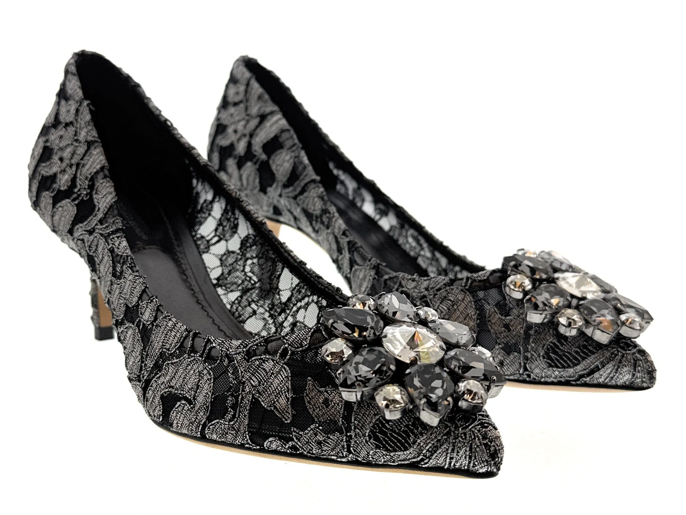 Dolce & Gabbana Pewter Floral Lace  Kitten Heels-EU36