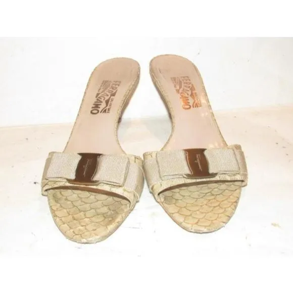 Ferragamo VARA Taupe & Gold Marbled Design Mules