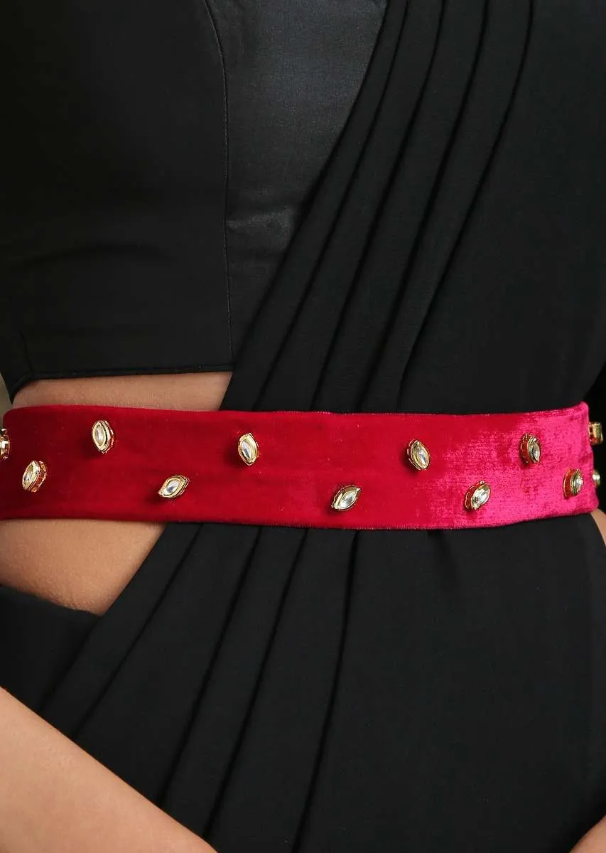 Fuchsia Pink Belt In Velvet Adorned In Timeless Kundan Accents By Paisley Pop