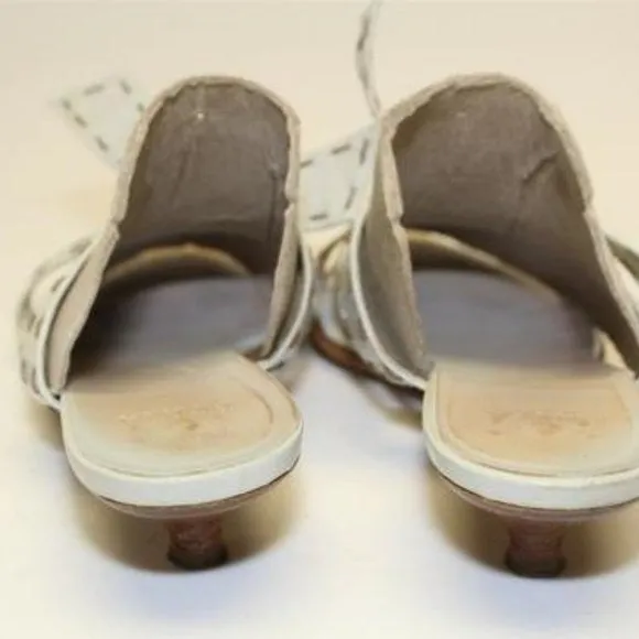 FURLA White Leather 2 Strap Slides with Brown Contrast Stitching & 1.5" Kitten Heels