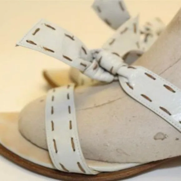 FURLA White Leather 2 Strap Slides with Brown Contrast Stitching & 1.5" Kitten Heels