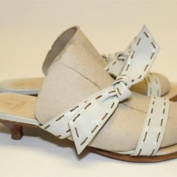 FURLA White Leather 2 Strap Slides with Brown Contrast Stitching & 1.5" Kitten Heels