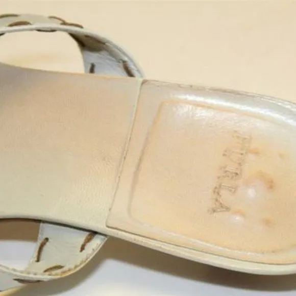 FURLA White Leather 2 Strap Slides with Brown Contrast Stitching & 1.5" Kitten Heels