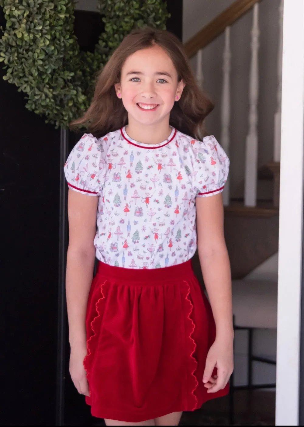 James & Lottie Girls Red Christmas Nutcracker Top & Velvet Kate Skirt Set