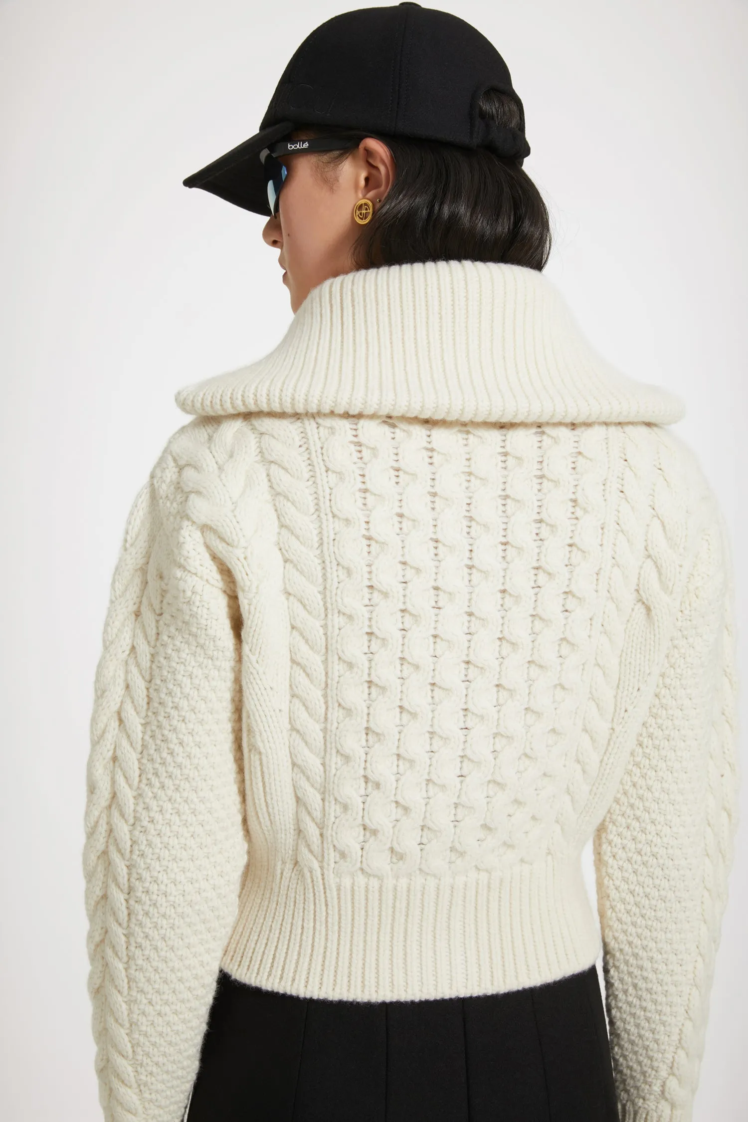 Mixed cable knit zip-up cardigan in wool and cashmere