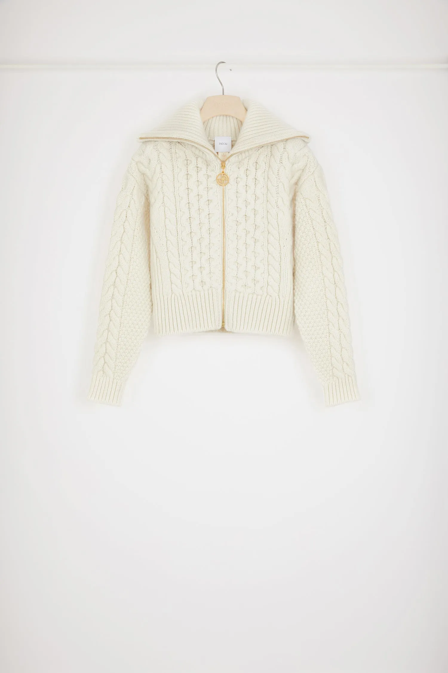 Mixed cable knit zip-up cardigan in wool and cashmere