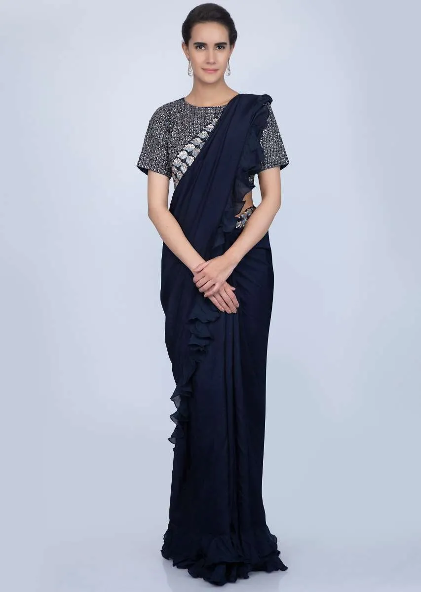 Navy blue silk saree with ruffled hem and pallo only on Kalki