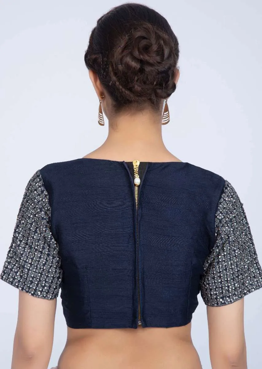 Navy blue silk saree with ruffled hem and pallo only on Kalki