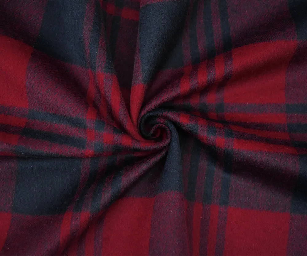 Red-Black Melton Poly-Wool Plaid Woven Jacketing Fabric