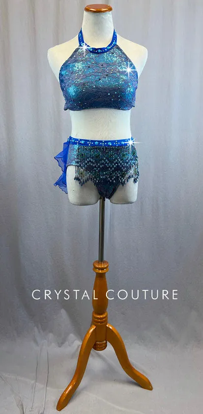 Royal and Light Blue Sequin Halter Top and Beaded Briefs