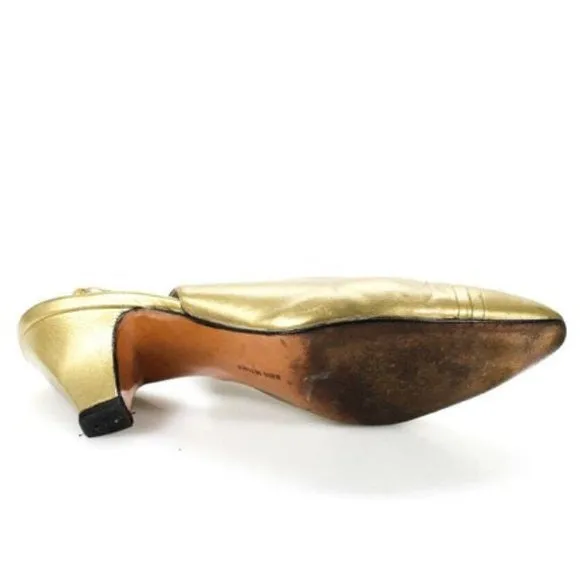 Salvatore Ferragamo Gold Leather Closed Toe, Sling-back Pumps