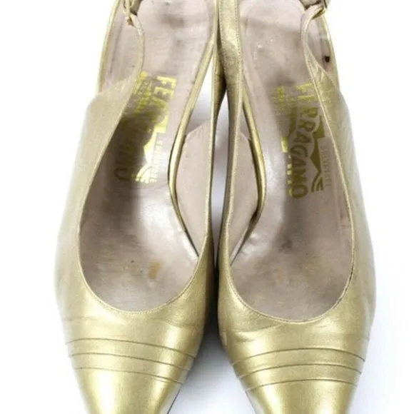 Salvatore Ferragamo Gold Leather Closed Toe, Sling-back Pumps