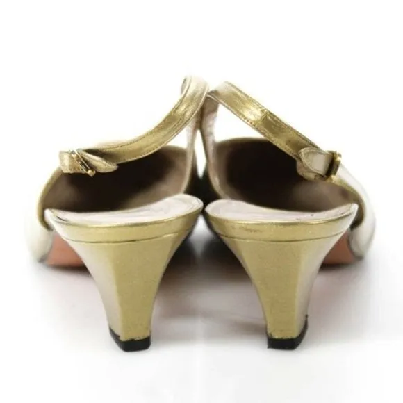 Salvatore Ferragamo Gold Leather Closed Toe, Sling-back Pumps