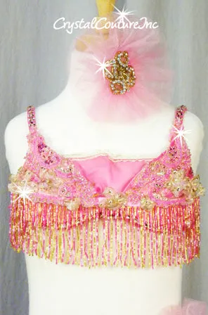 Shimmery Pink with Gold 2Pc Bra-Top and Briefs/Fringe Skirt - Swarovski Rhinestones