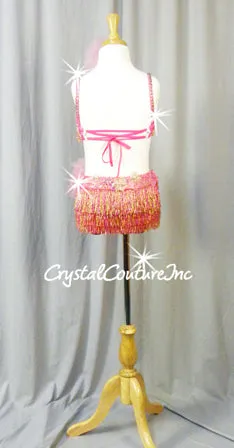 Shimmery Pink with Gold 2Pc Bra-Top and Briefs/Fringe Skirt - Swarovski Rhinestones