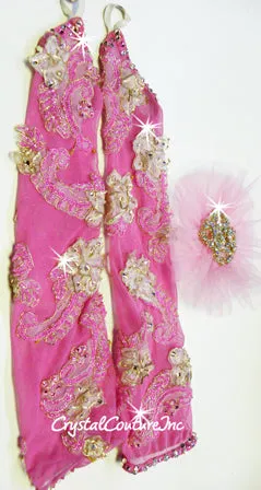 Shimmery Pink with Gold 2Pc Bra-Top and Briefs/Fringe Skirt - Swarovski Rhinestones