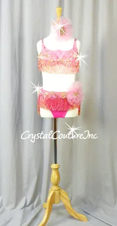 Shimmery Pink with Gold 2Pc Bra-Top and Briefs/Fringe Skirt - Swarovski Rhinestones