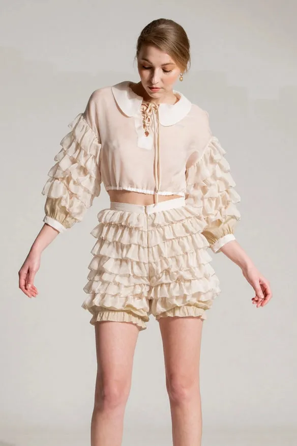 Silk Shirt With Beige Flounces