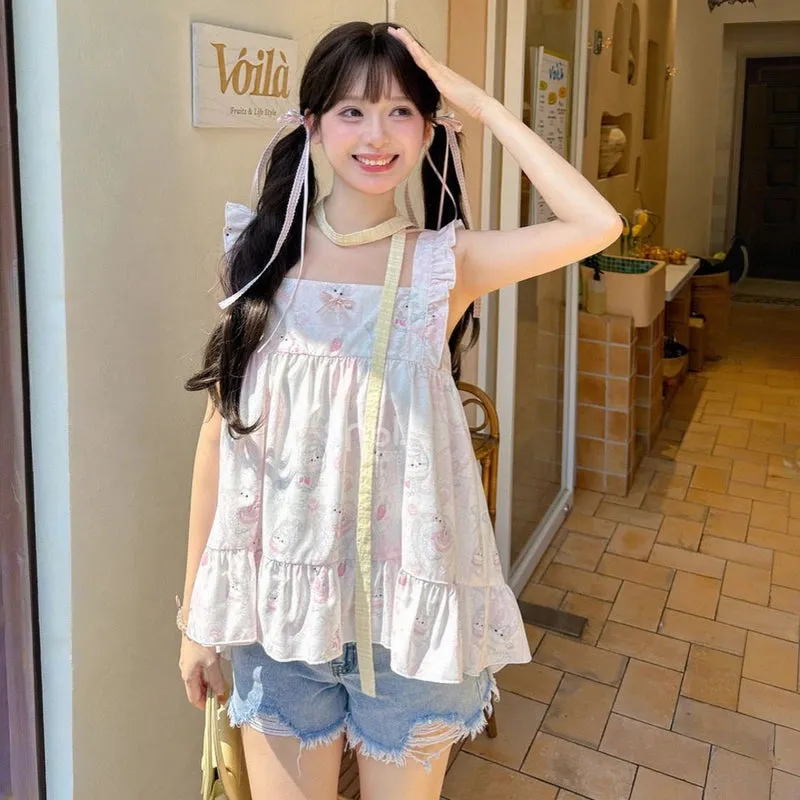 Sweet Girl Style Pink Cute Kitten Print Suspenders