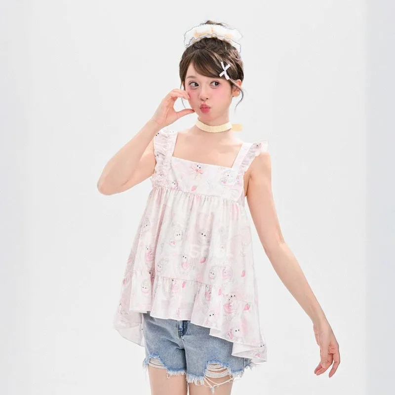 Sweet Girl Style Pink Cute Kitten Print Suspenders