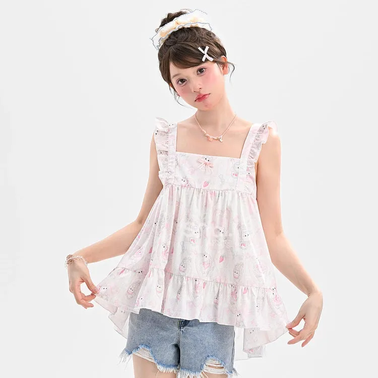 Sweet Girl Style Pink Cute Kitten Print Suspenders