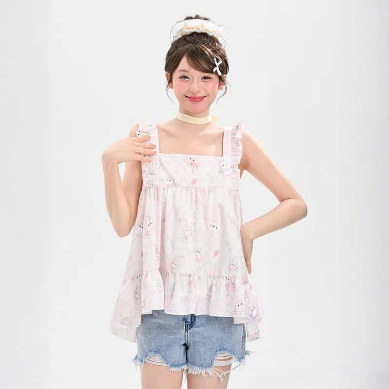 Sweet Girl Style Pink Cute Kitten Print Suspenders